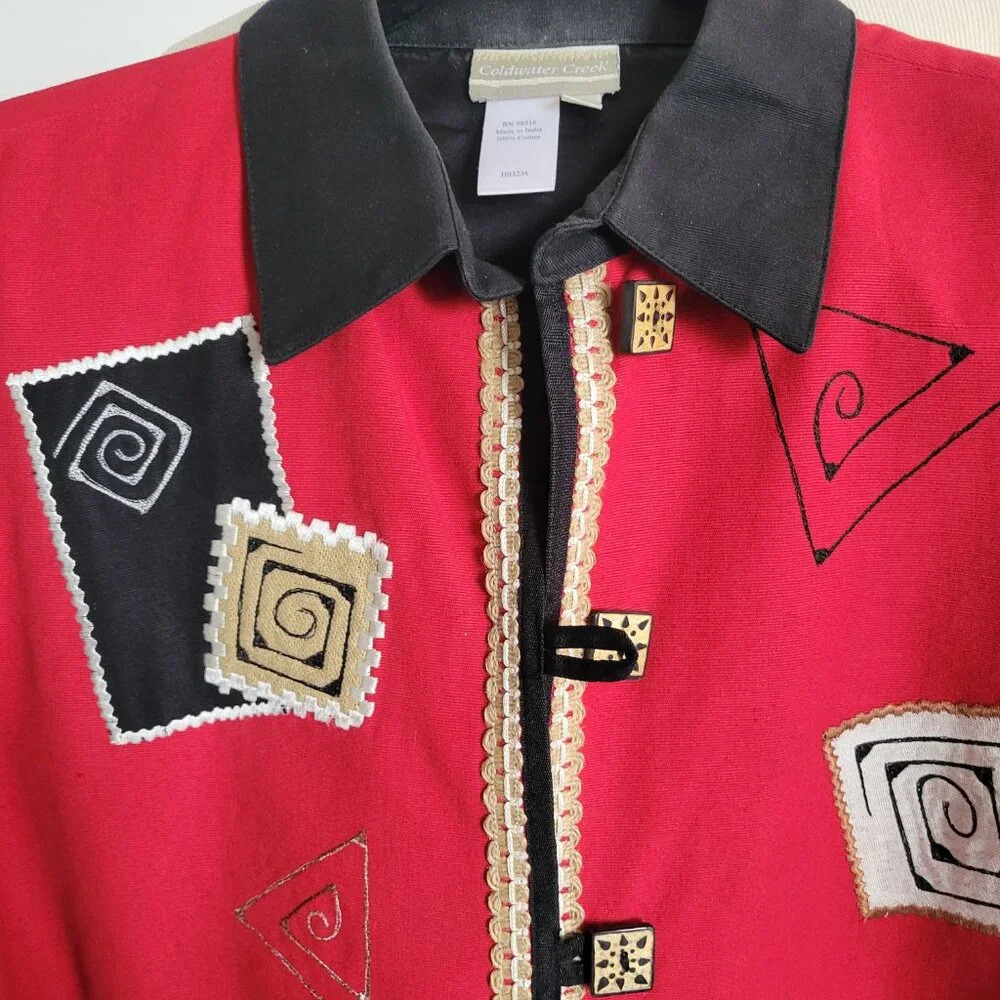 COLDWATER CREEK Red & Black Cotton Casual Jacket W/Appliqué Stitching (Size: S) - Picture 9 of 15
